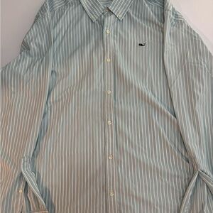 Vineyard Vines Performance Fabric Seafoam and White Striped Button-Down Shirt